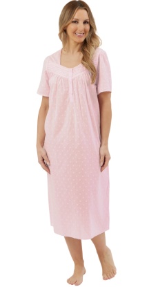 Marlon 100% Dobby Swiss Dot Woven Cotton Range With Lace Trim Short Sleeve Nightdress